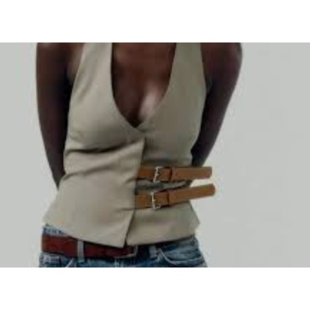 Zara Taupe Halter Vest Top with Tan Buckle Detail Size Medium Open Back V-Neck